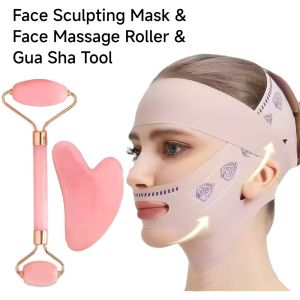 3-Piece Face Sculpting Mask&Face Massage Roller&Gua Sha ToolReusable AdjustableV-shaped Face BandagePortable Body Massage Tool