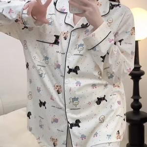 Korean Soft Cotton Womens Pajamas Set Summer Cartoon Print Sleepwear Breathable Wearable Outside Loungewear