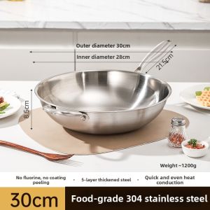 Thickened 304 Stainless Steel Non-stick Wok Dishwasher Safe No Coating Home Use Electric Stove Cooking Pot Rustproof Easy Cleaning