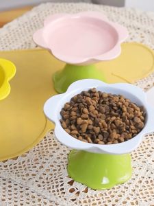 Flower Cat Bowl Ceramic High Foot Food Snack Tray Canned Food Water Feeder