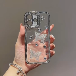 3D เคสผีเสื้อประดับเพชรสำหรับ iPhone 13 14 15 16 Pro Max เคสป้องกันขอบเจาะน้ำสำหรับ iPhone16