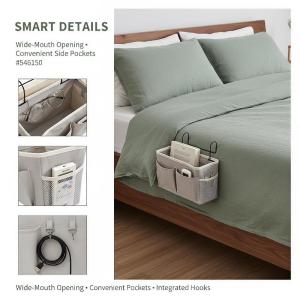 Durable Cotton Linen Bedside Hanging Organizer Large Capacity Multiple Pockets Side Hooks For Dorm Bunk Beds Bedrooms Home