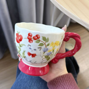 LUXIAOSHI | Cute Cat Floral Ceramic Mug with Lid