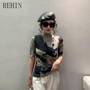 REHIN Womens top Halo mesh short-sleeved T-shirt new summer design high-neck Slim small elegant shirt