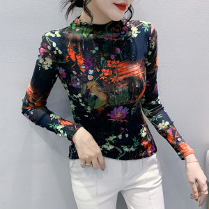 REHIN เสื้อยืดแขนยาวอินเทรนด์สำหรับผู้หญิง Sablon Bunga เสื้อยืดคอกลมฤดูใบไม้ร่วง