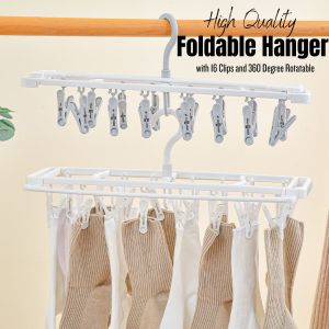 Locaupin Foldable 16 Clips Rotatable Hook Clothes Hanger Non-Slip Drying Windproof Laundry Clothes Socks Hanger