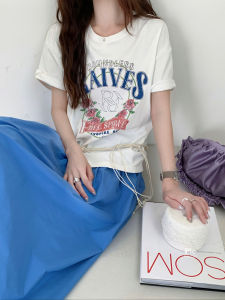 Rose Letter Print Turn-Up Short Sleeve Womens T-Shirt round Neck Loose Slimming Top Cotton 100% Summer New Style Korean Version