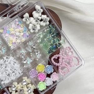 12Grids 3D Mixed Butterfly Bow Flower Nail Charms Pearl Love Rose Ribbon Petals Resin Nails Rhinestone DIY Kawaii Manicure Decor