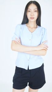 Forest Ladies Cotton Embroidery V Neck Button Front Short Sleeve Blouse - 822372