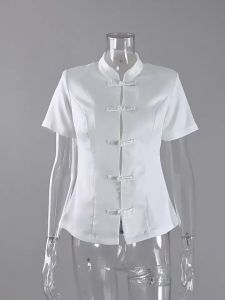 Áo Sơ Mi Cổ Đứng Kiểu Trung Quốc Màu Trắng Vintage Mùa Hè Dành Cho Nữ Công Sở Tay Bồng Ôm Dáng Chất Liệu Polyester Len Kiểu Dáng Thường Ngày