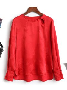 Retro Chinese Style Loose Long Sleeve round Neck Womens Shirt Red Floral Embroidery Traditional National Fashion Top