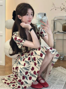 French Floral Summer Dress Womens Elegant Waist-Cinching Gentle Style Long Dress High Waist Bubble Sleeve Print A-line Skirt