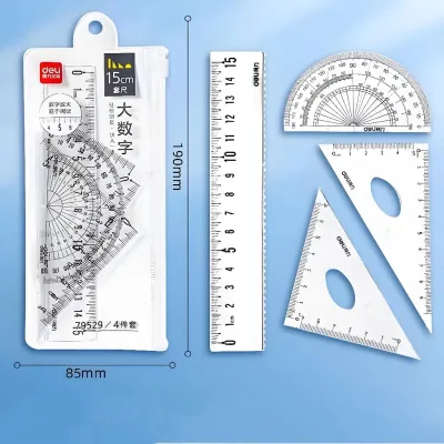 deli | DELI Transparent Geometry Set 4 PCS Math Drawing Tools with Ruler Protractor Triangle Easy Read Measurement for Students School