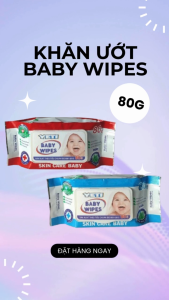Thùng 20 gói Khăn giấy ướt BABY WIPES XANH 80g Khăn không mùi Vải trơn khổ 11x16cm Đóng gói tự động khử khuẩn an toàn cho bé