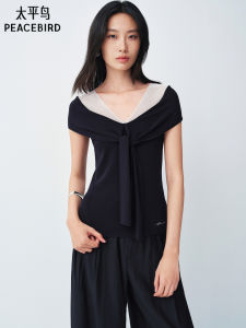 PEACEBIRD | Lustrous Color Blocked V-Necked Tie Short Sleeve Knit
