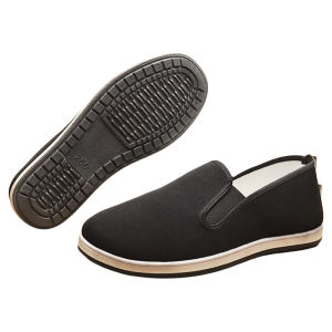 Black Soft Bottom Mens Casual Work Shoes Old Beijing Cloth Shoes Breathable Slip-On round Toe Flat Heel PVC Outsole