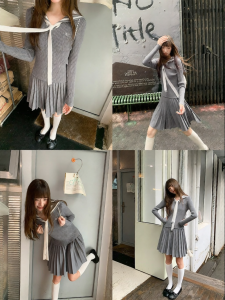 NIHAOKANONG | Bộ Đầm Xếp Ly Knit Cổ Hải Quân Ôm Body Elegance