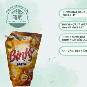 Nước giặt Binky Matic dạng túi 3lít (31kg) hương nước hoa đánh bay vết bẩn bảo vệ máy giặt chính hãng giá tốt.