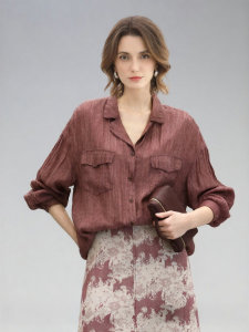 COCOBELLA | Heavy Embellishment Wine Red Pleated Long Sleeve Shirt
