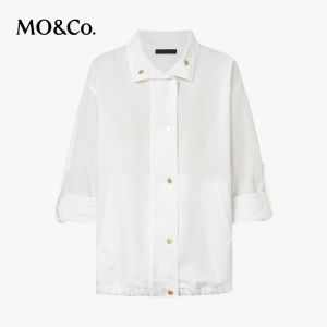 MO&Co. | Natural Linen French Normandy Style Stand Collar Roll Up Sleeve Coat