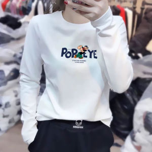 เสื้อยืดคอกลมแขนยาวผ้าฝ้ายแท้สไตล์เกาหลีสำหรับผู้หญิง เสื้อเชิ้ตทรงเข้ารูป แฟชั่นฤดูใบไม้ร่วง 2024 คอลเลกชันใหม่