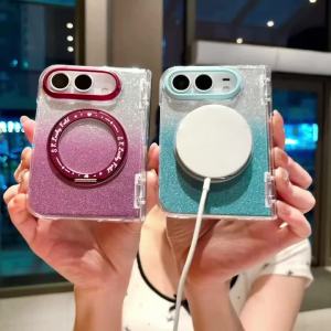 szhaiyu | Luxury Gradient Glitter Magnetic Stand Phone Case For Magsafe For iPhone Duo iPhone 18 Fold Cute Hinge Protect Back Cover Fundas