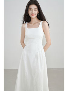 Váy Không Tay Cổ Vuông Màu Trắng Tối Giản Cho Nữ Mùa Hè Váy Bó Eo Phong Cách Đường Phố Cotton Dài Vừa Phải