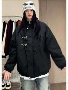 เสื้อแจ็คเก็ตบินแบบหนาสีแดงสำหรับผู้ชาย เสื้อสเวตเตอร์คอตตอนฤดูหนาวแบบหนาใหม่ ซิปปิด ทรงหลวม สำหรับคู่รัก