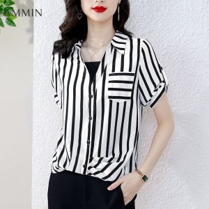 AMMIN Korean style fashion temperament short-sleeved silk striped chiffon shirt summer new loose design sense striped fake two pieces Tops