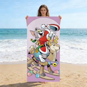 52TOYS | Santa Tom Jerry Riding Rocking Deer Print Light Purple Background Quick Dry Beach Towel Holiday Gift