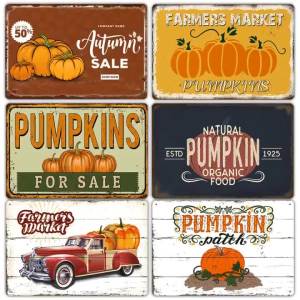 Fall Harvest Fresh Pumpkin Metal Sign Vintage Wall Stickers Thanksgiving Tin Plaque Wall Art Metal Plate Farm Decor Metal Decor