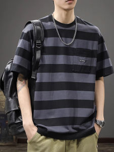 Loose Mens Short Sleeve T-Shirt round Neck Summer Vintage Washed Striped Trendy Brand Breathable Standard Fit Teen Summer T-Shirt