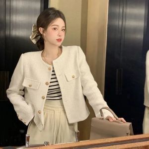Áo Khoác Len Tweed Nữ Ngắn Tay Kiểu Cardigan Mùa Thu Đông Có Khuy Trang Trí Cổ Tròn Phong Cách Công Sở.