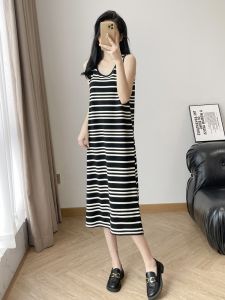 Váy Vest Không Tay Dài Đến Đầu Gối Phong Cách Hàn Quốc Thường Ngày Cổ Chữ U Rộng Che Bụng Sọc Trang Phục Công Sở Mùa Xuân 2024