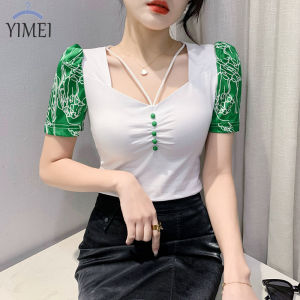 YIMEI Green button white womens T-shirt 2023 spring and summer new design cotton T-shirt versatile short-sleeve printed blouse