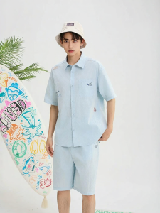 SANFU | Asymmetrical Embroidery Short Sleeve Shirt Shorts Set