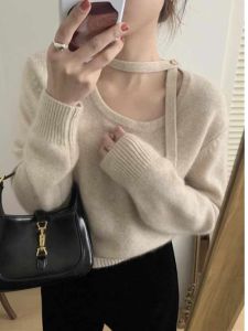 Beige Halterneck Ribbon Stylish Sweater round Neck Thick Sweater Base Ride Female 2024 Short Spring and Autumn Tops