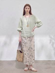 GULILI | Green Linen Chinese Style Outfit with Bell Sleeves and Flower Print