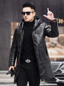 เสื้อแจ็คเก็ตหนังผู้ชายฤดูใบไม้ร่วง/ฤดูหนาว หนังแพะ ทรงหลวม แขนยาว ปกตัว แจ็คเก็ตหนังแท้ แจ็คเก็ตหนังทรงเข้ารูป เสื้อคลุมกันหนาว