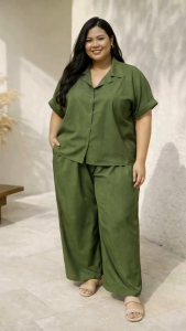 Vy Plus Size Women Sets Polo Neck Button Front Short Sleeves Top and Long Pants Garterized With Two Sides Pockets
