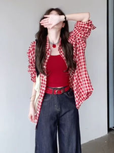 YUEZHONGWEI | Red Plaid Long Sleeve Womens Summer Thin Outerwear Sun Protection Shirt Loose High-End Feeling Top Korean Style Printed Polo Neck