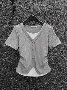 Korean Style Slim Fit Short Sleeve Knitted Top Womens Fashionable Versatile Summer New Arrival Single Piece round Neck Knitwear