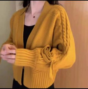 Áo Len Cardigan Dệt Kim Ngắn Có Nơ Bướm Thời Trang Xuân Thu Cho Nữ Áo Chui Đầu Dài Tay Cổ Chữ V Dáng Rộng Chất Liệu Acrylic