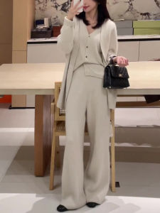 Elegant White Knitted Cardigan Top Wide Leg Pants Three Piece Set Fashionable Autumn Outfit Womens High End Feelings