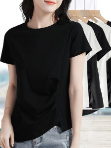 Slim Fit Short Sleeve round Neck Top Irregular Hem T-Shirt Womens Pure Color Versatile Summer New Style Outerwear Tee