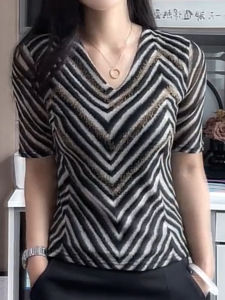 SUOXIMENG | Plus Size Color Block Wave Stripe V Neck Short Sleeve Womens Fashion Trending Autumn New Style Elegant Youthful Looking Clothing