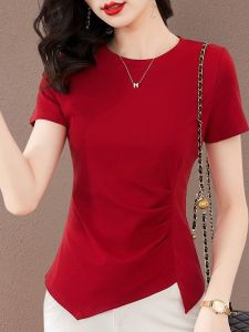 Womens Cotton Short Sleeve T-Shirt Summer New Design Asymmetrical Slit Belly Concealing Slimming Top Comfortable Breathable