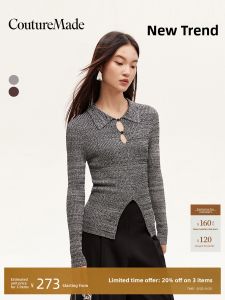 Vero Moda Knitted Sweater Hollow out Slit Mixed Color Fabric Autumn Winter Simple Style Long Sleeve Crew Neck Top for Women