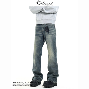 กางเกงยีนส์ทรงขาบานสไตล์อเมริกันย้อนยุค สีน้ำเงินเข้ม กางเกงยีนส์ทรงหลวมสไตล์อเมริกันย้อนยุคสำหรับผู้ชาย ฤดูใบไม้ผลิและฤดูร้อน