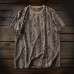 Original Skin-Friendly Long Velvet Cotton Mens T-Shirt Vintage Style Summer Breathable Distressed round Neck Short Sleeve